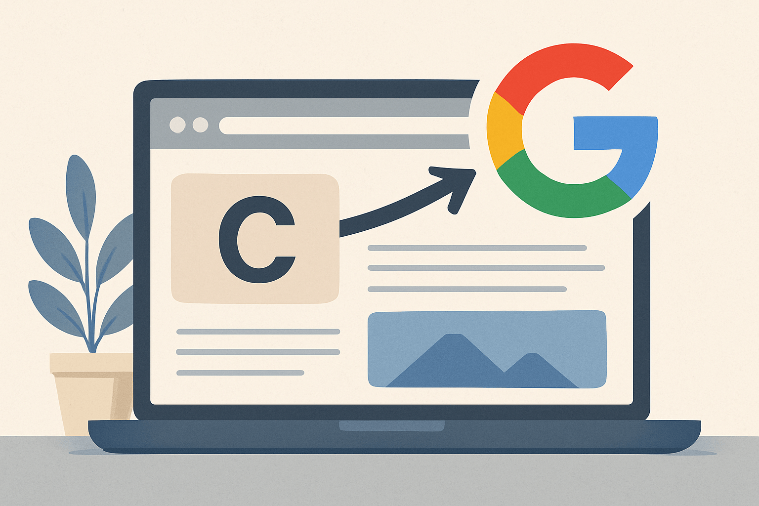 canonical w praktyce: jak google wybiera adres kanoniczny i jak uniknąć błędów image Laptop z literą C i logo Google