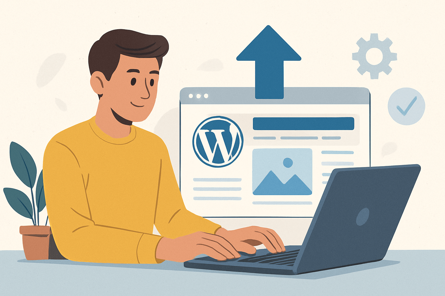 Mężczyzna pracujący na laptopie z WordPress