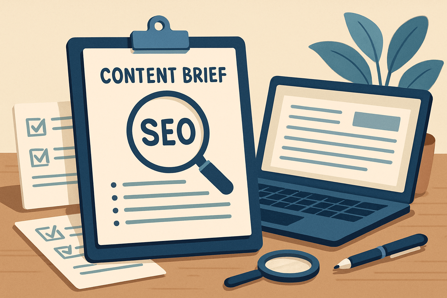 Brief contentowy SEO na clipboardzie i laptopie