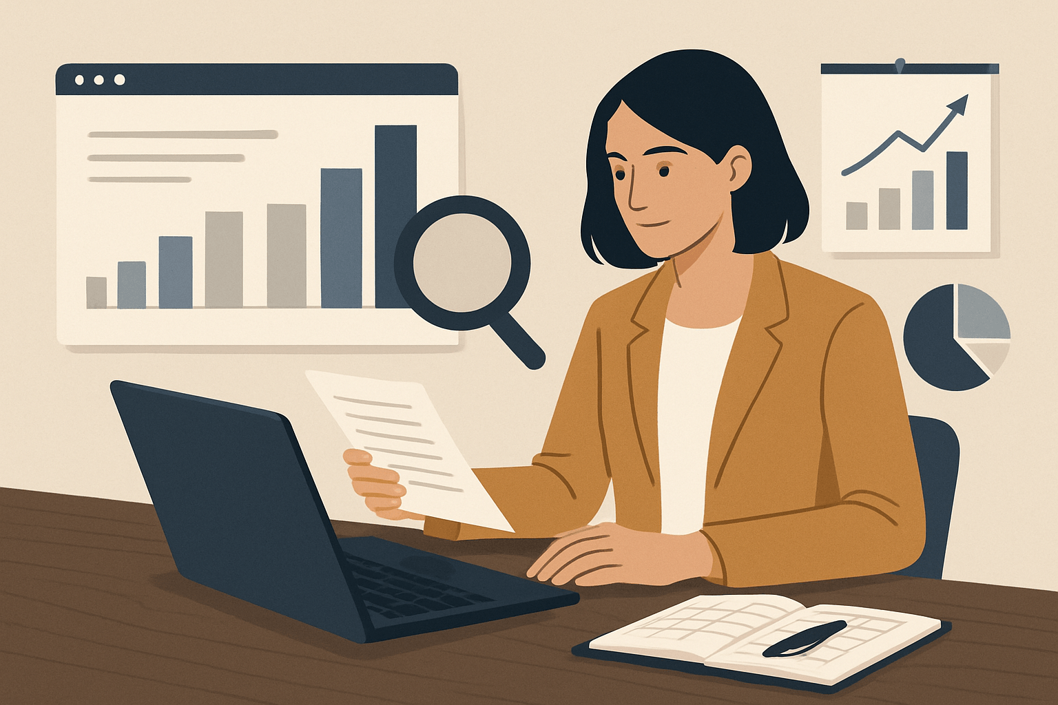 content marketing w praktyce: jak planować treści, które wspierają sprzedaż i seo image Kobieta analizująca dane finansowe przy laptopie