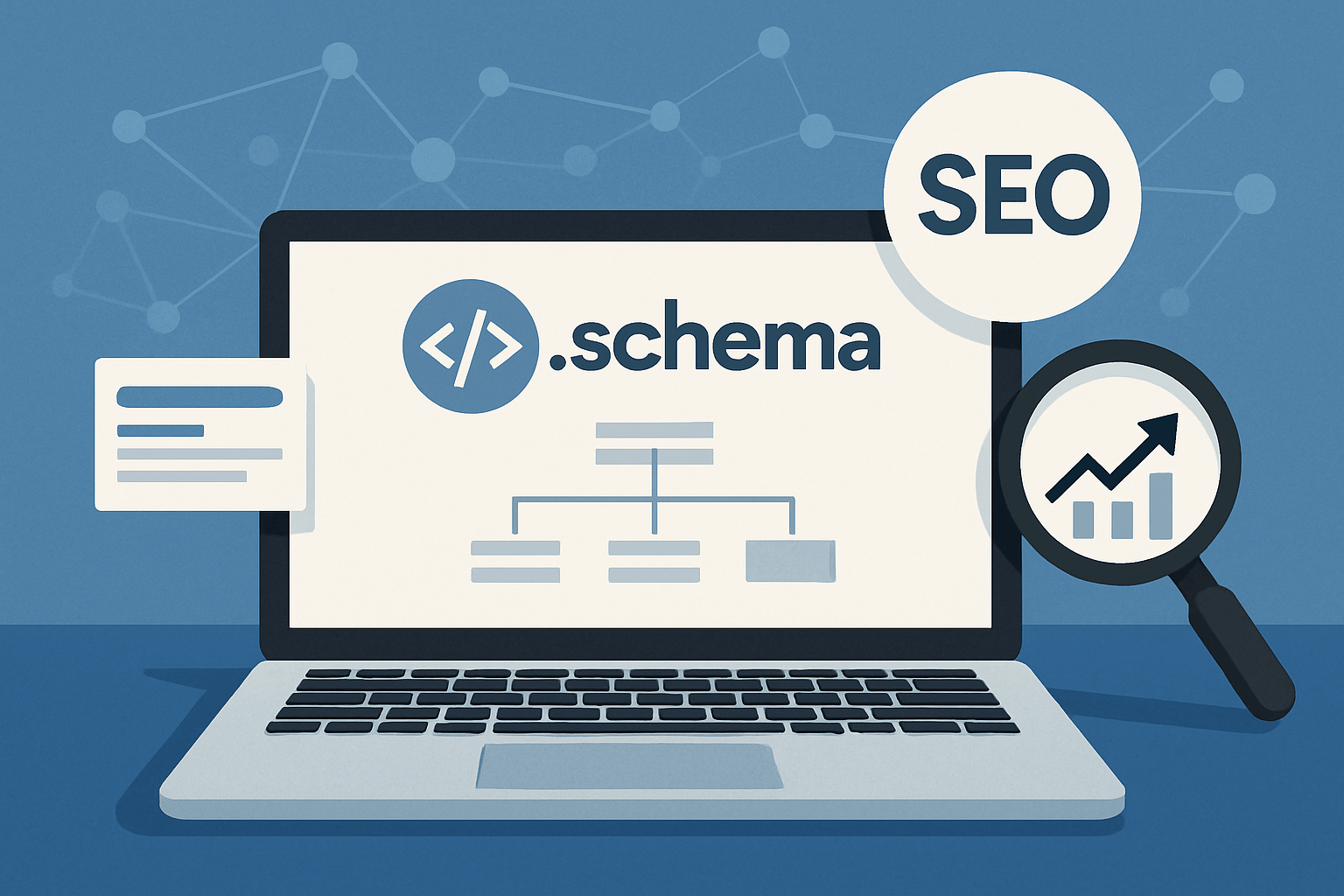 Laptop z .schema i analizą SEO