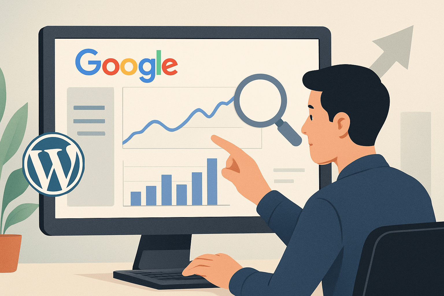 google search console w praktyce: najważniejsze raporty, które warto regularnie analizować image Mężczyzna analizuje statystyki Google i WordPress na monitorze