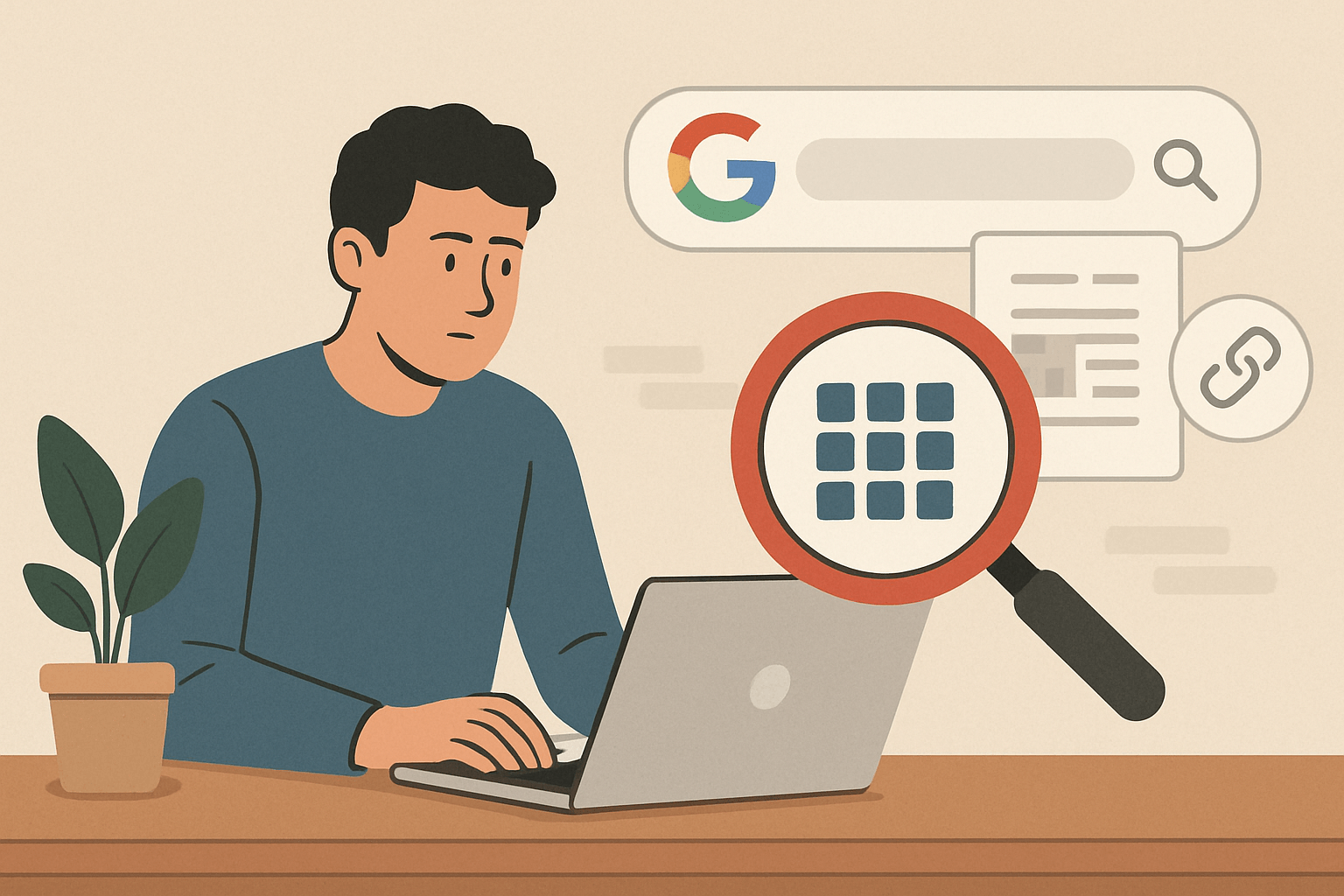 jak działa indeksowanie w google i co zrobić, gdy strona nie pojawia się w wynikach image Mężczyzna analizujący wyniki wyszukiwania Google na laptopie