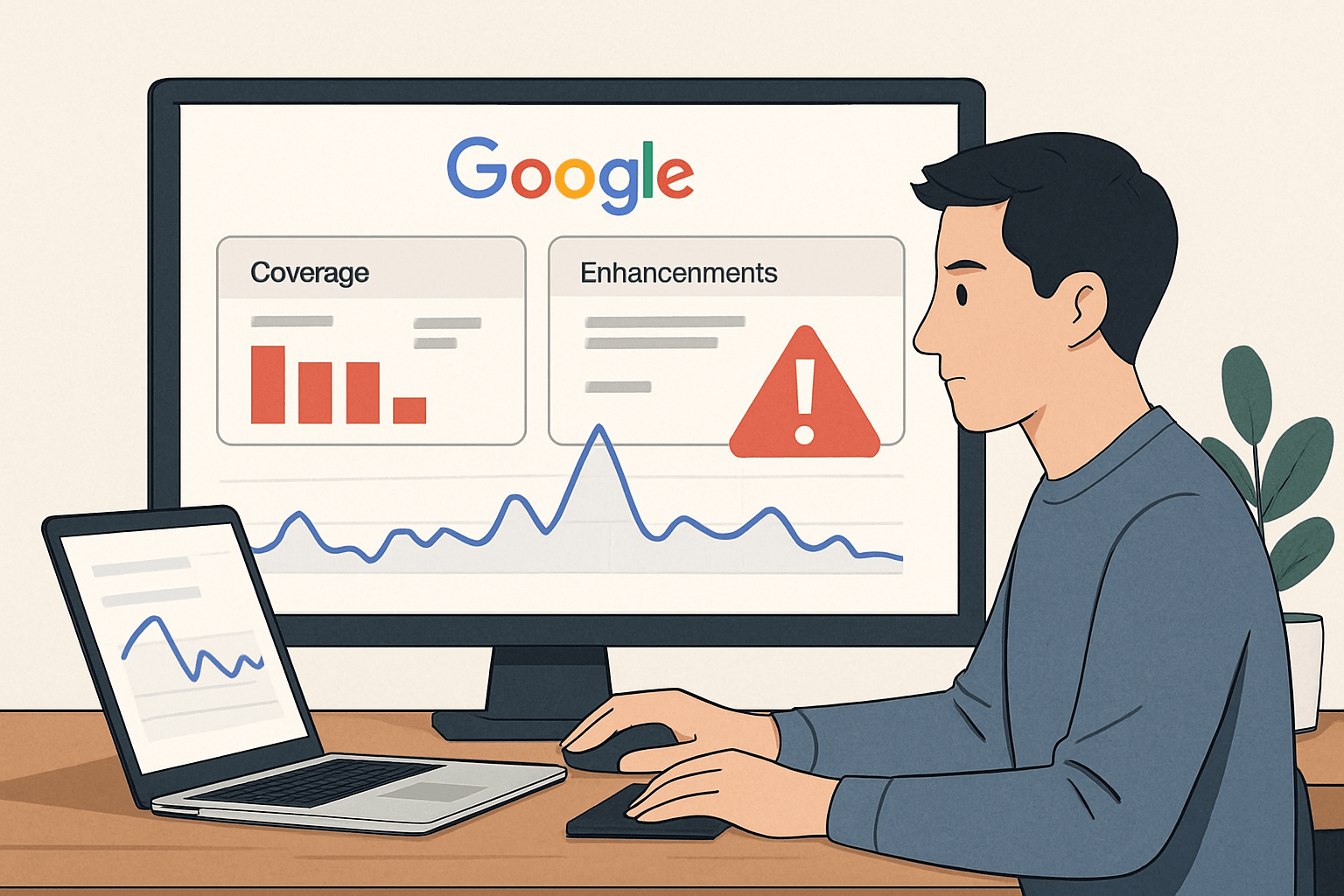 Mężczyzna analizuje raport Google Search Console na monitorze