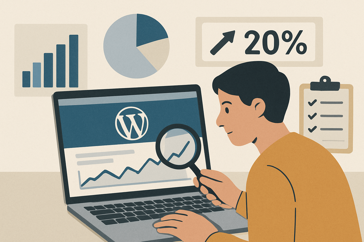 Analiza statystyk WordPress na laptopie z lupą
