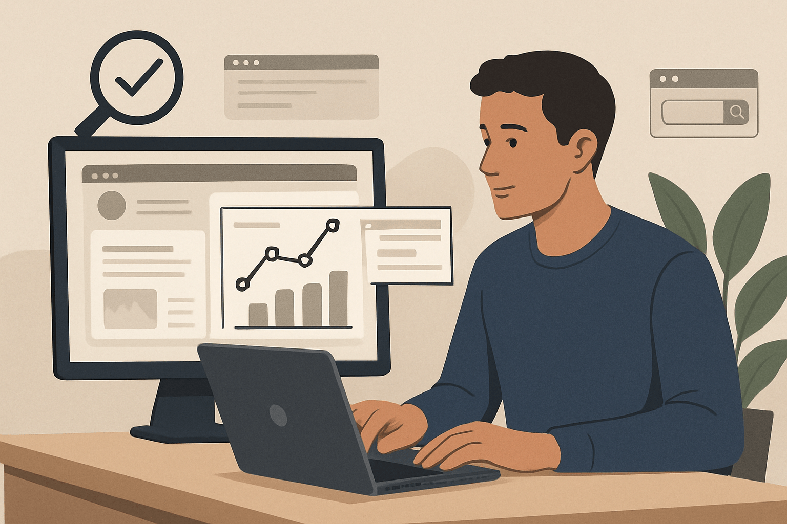 Mężczyzna analizujący dane marketingowe na laptopie