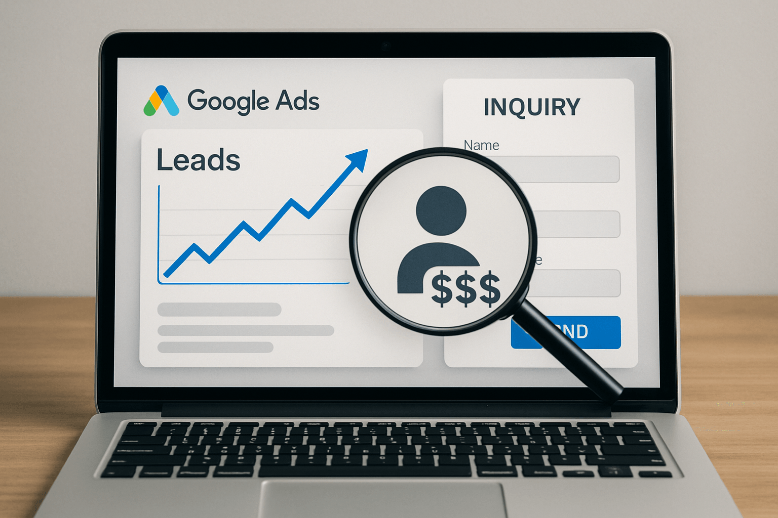 Laptop z panelem Google Ads i rosnącymi leadami