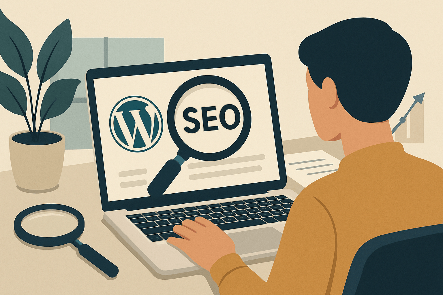 Osoba analizująca SEO WordPress na laptopie
