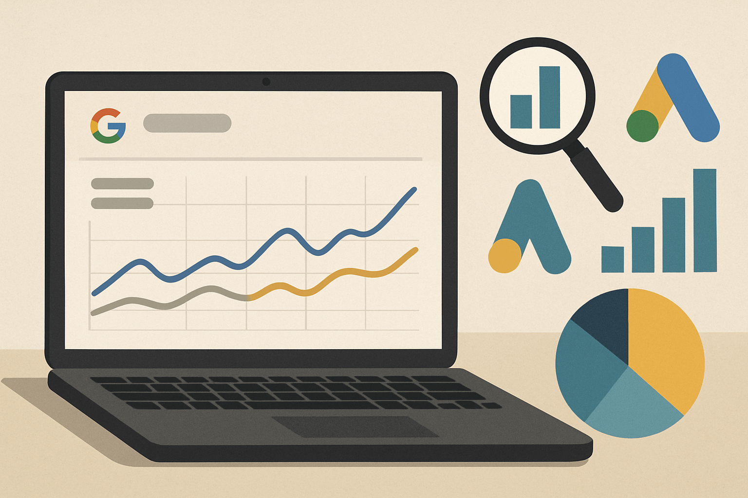 Laptop z wykresami Google Analytics i statystykami