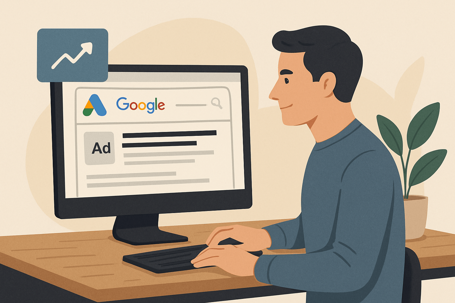 Mężczyzna przegląda reklamy Google Ads na komputerze