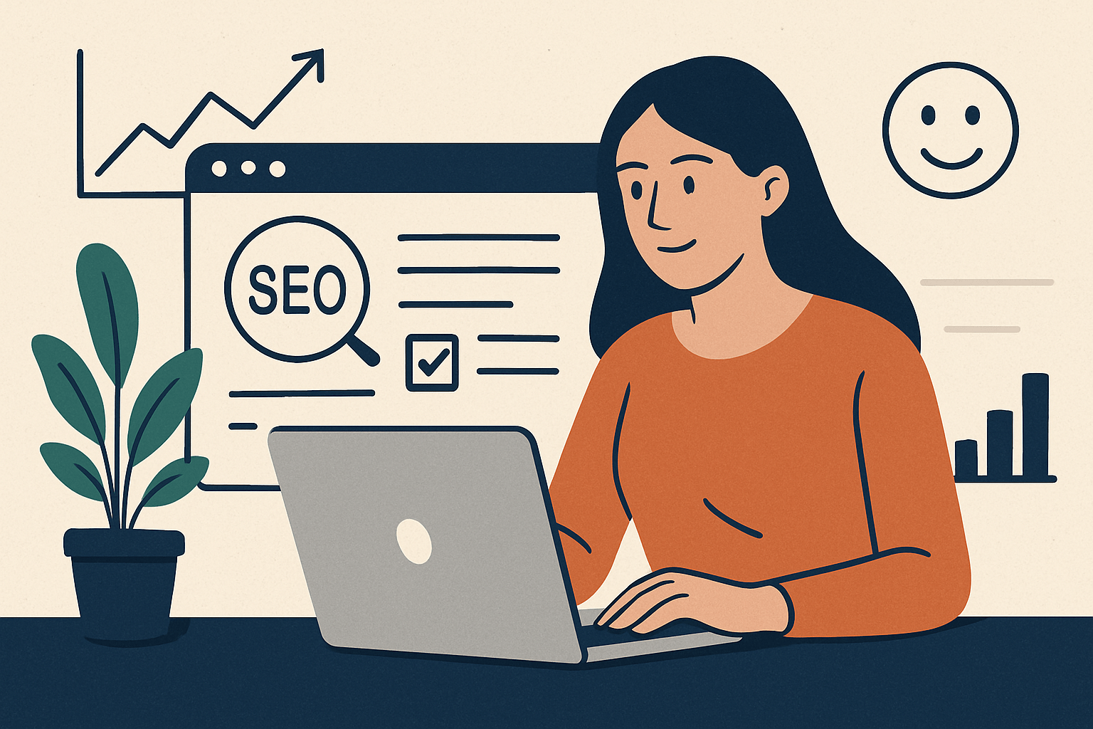 Kobieta pracująca przy laptopie z analizą SEO