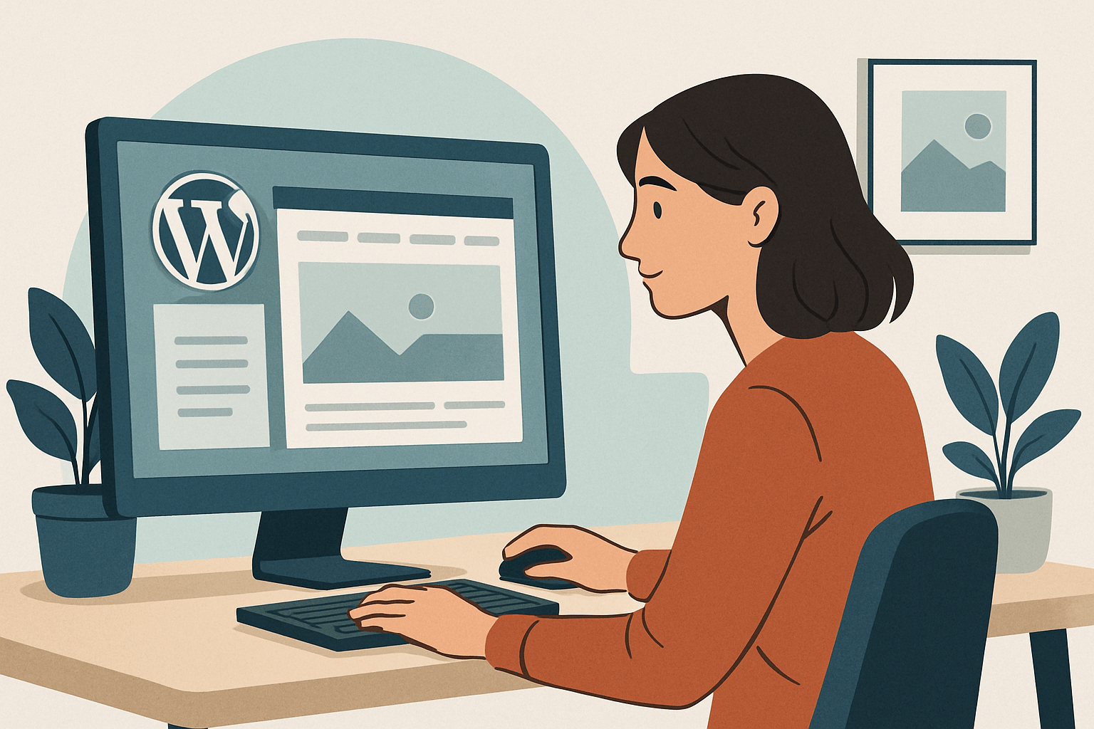 Kobieta pracująca przy komputerze z WordPress