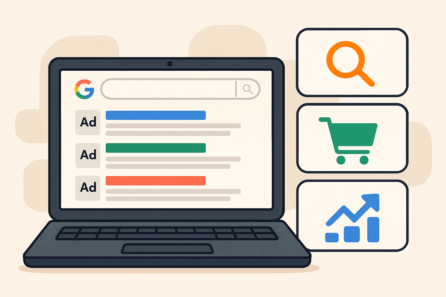Laptop z reklamami Google i ikonami marketingu