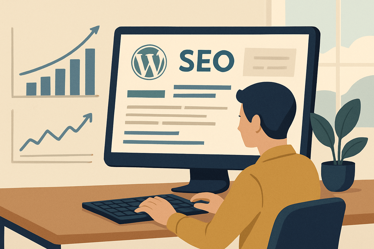 Specjalista pracujący nad SEO WordPress przy komputerze