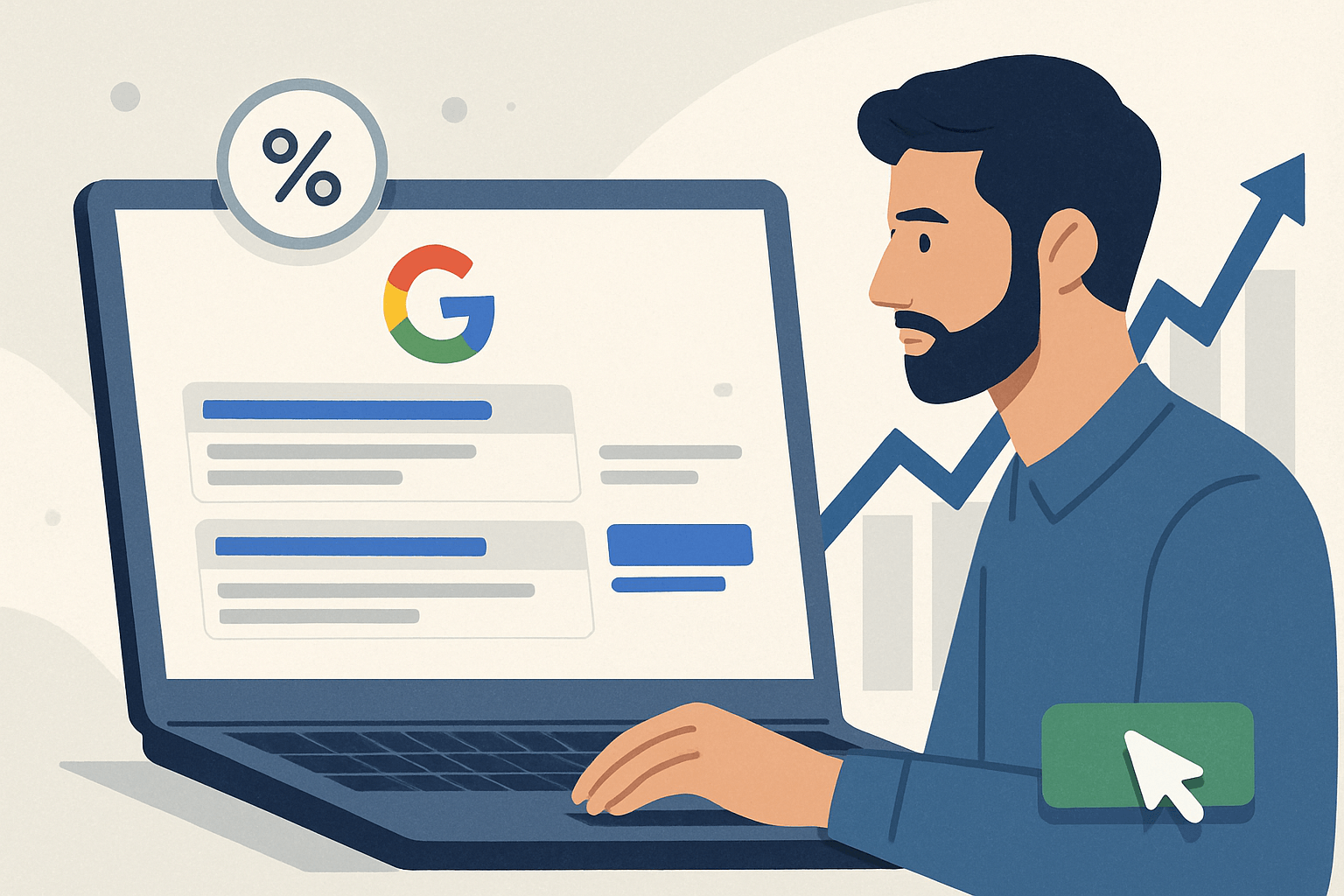 jak wykorzystać rozszerzenia reklam w google ads, żeby zwiększyć ctr image Mężczyzna analizuje wyniki Google na laptopie