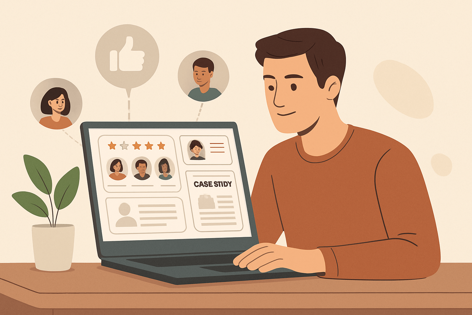 jak zbudować wiarygodność na stronie internetowej dzięki opiniom, referencjom i case studies image Mężczyzna przegląda opinie i case study na laptopie