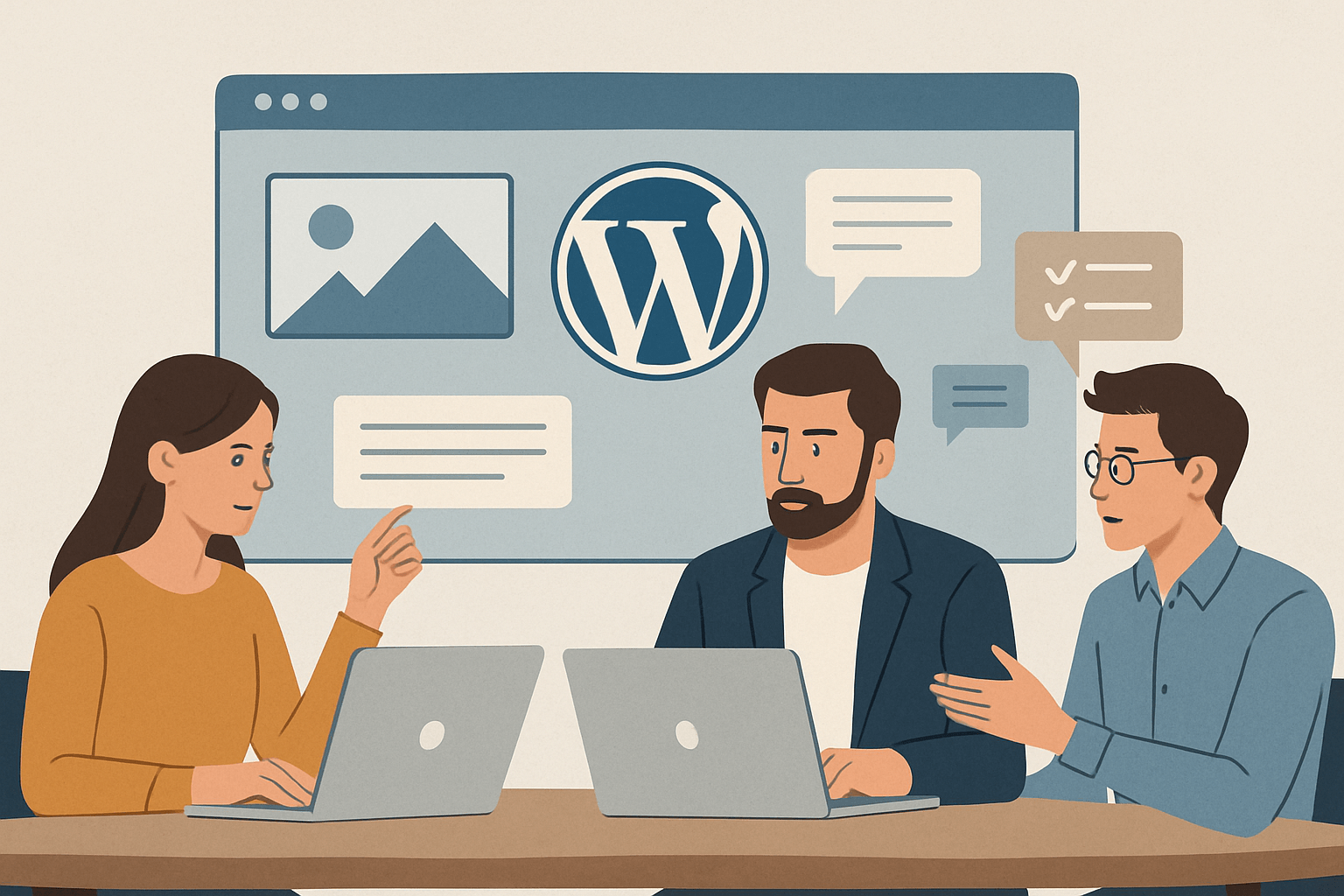 Zespół omawia projekt WordPress przy laptopach