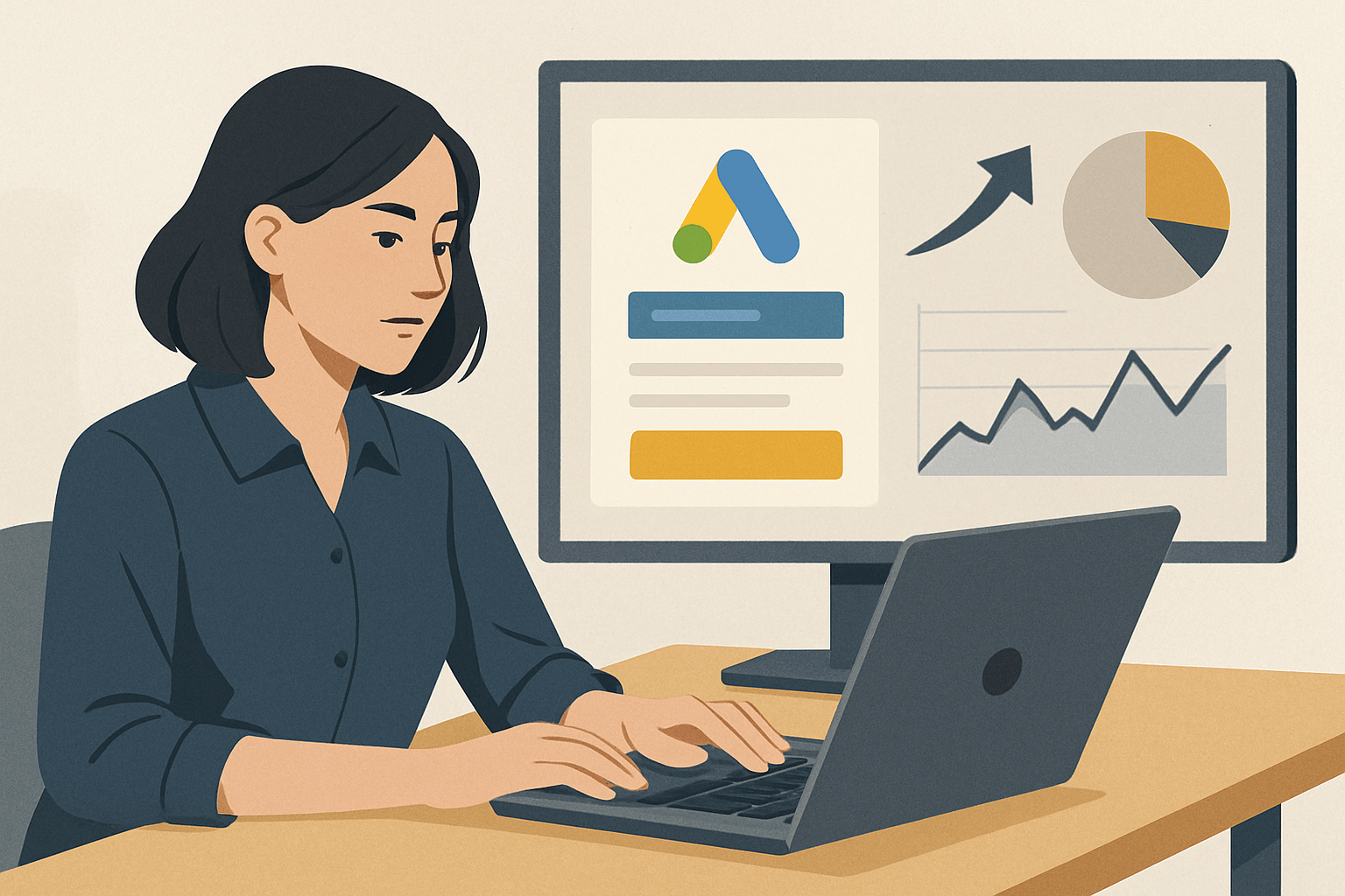 Kobieta analizuje kampanię Google Ads na laptopie