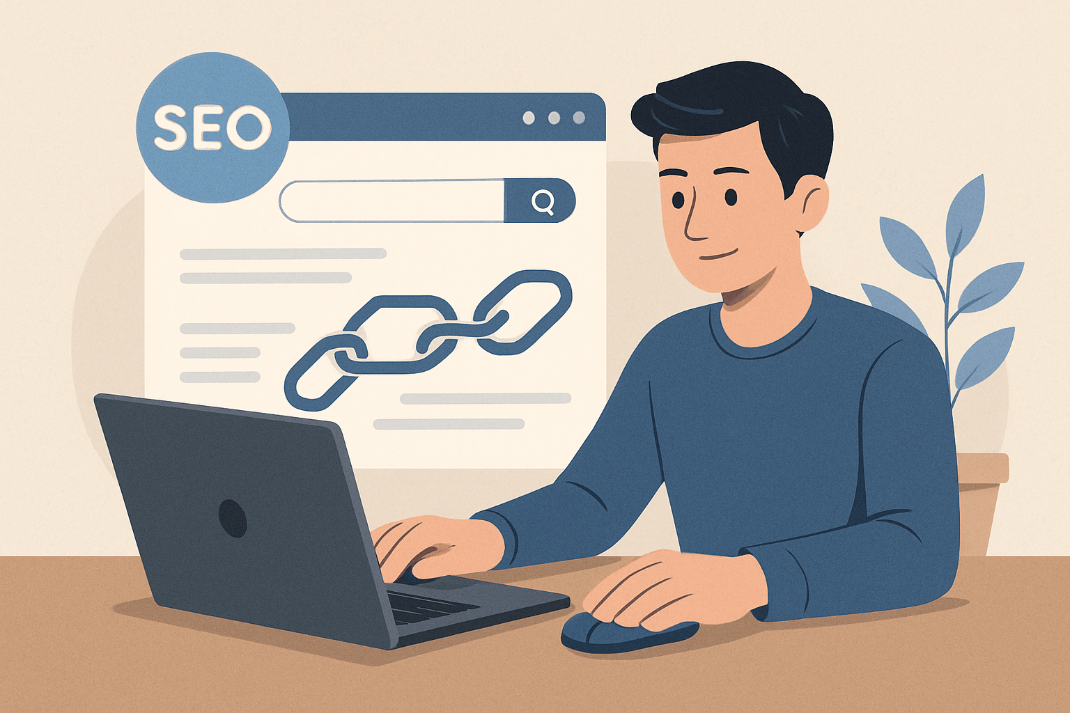 Mężczyzna pracujący przy laptopie nad SEO i linkami