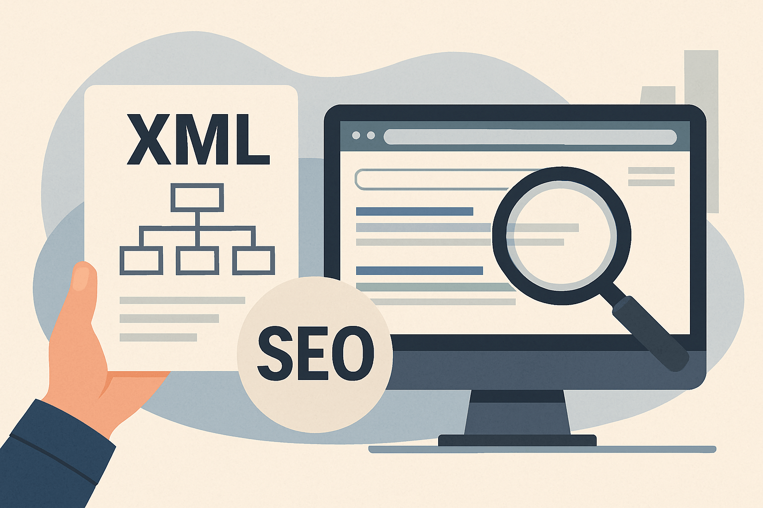 mapa witryny xml w seo: kiedy pomaga, a kiedy nie rozwiąże problemu widoczności image Ilustracja SEO i XML na monitorze komputera