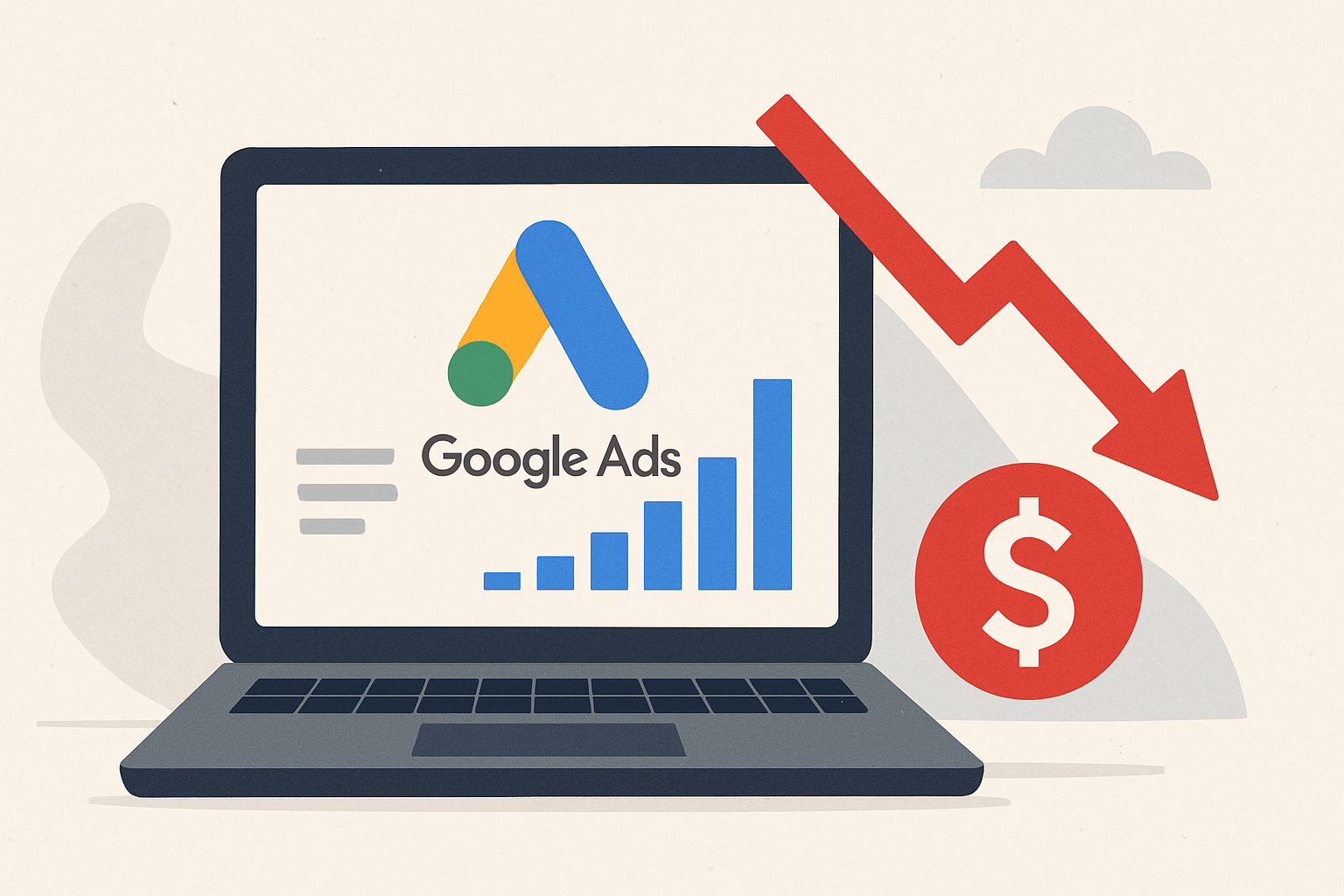 Laptop z Google Ads i spadającym wykresem