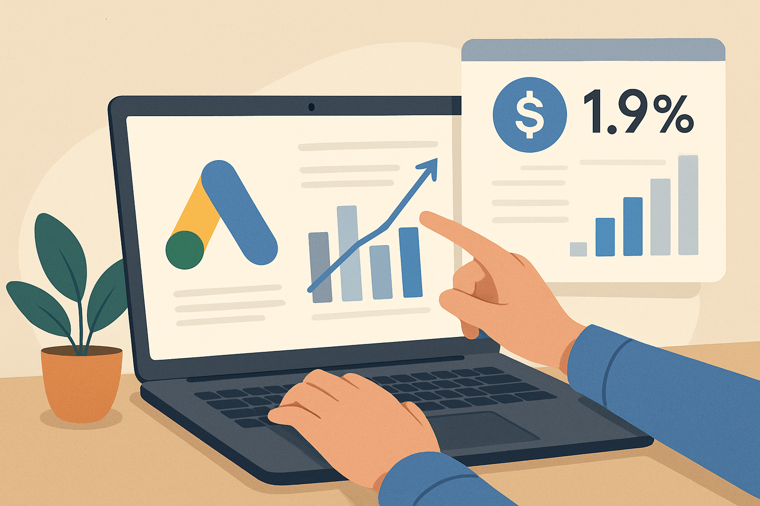 Laptop z wykresami finansowymi i wzrostem 1,9%