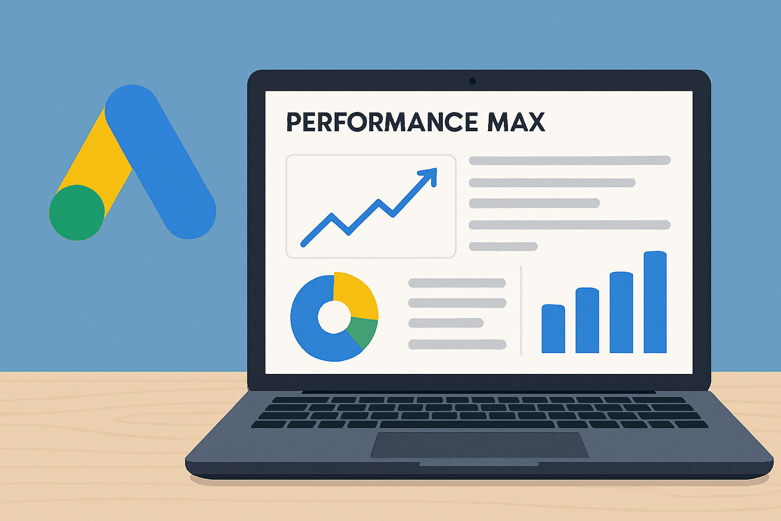 performance max w google ads: dla kogo działa najlepiej i jak go kontrolować image Laptop z panelem Google Ads Performance Max