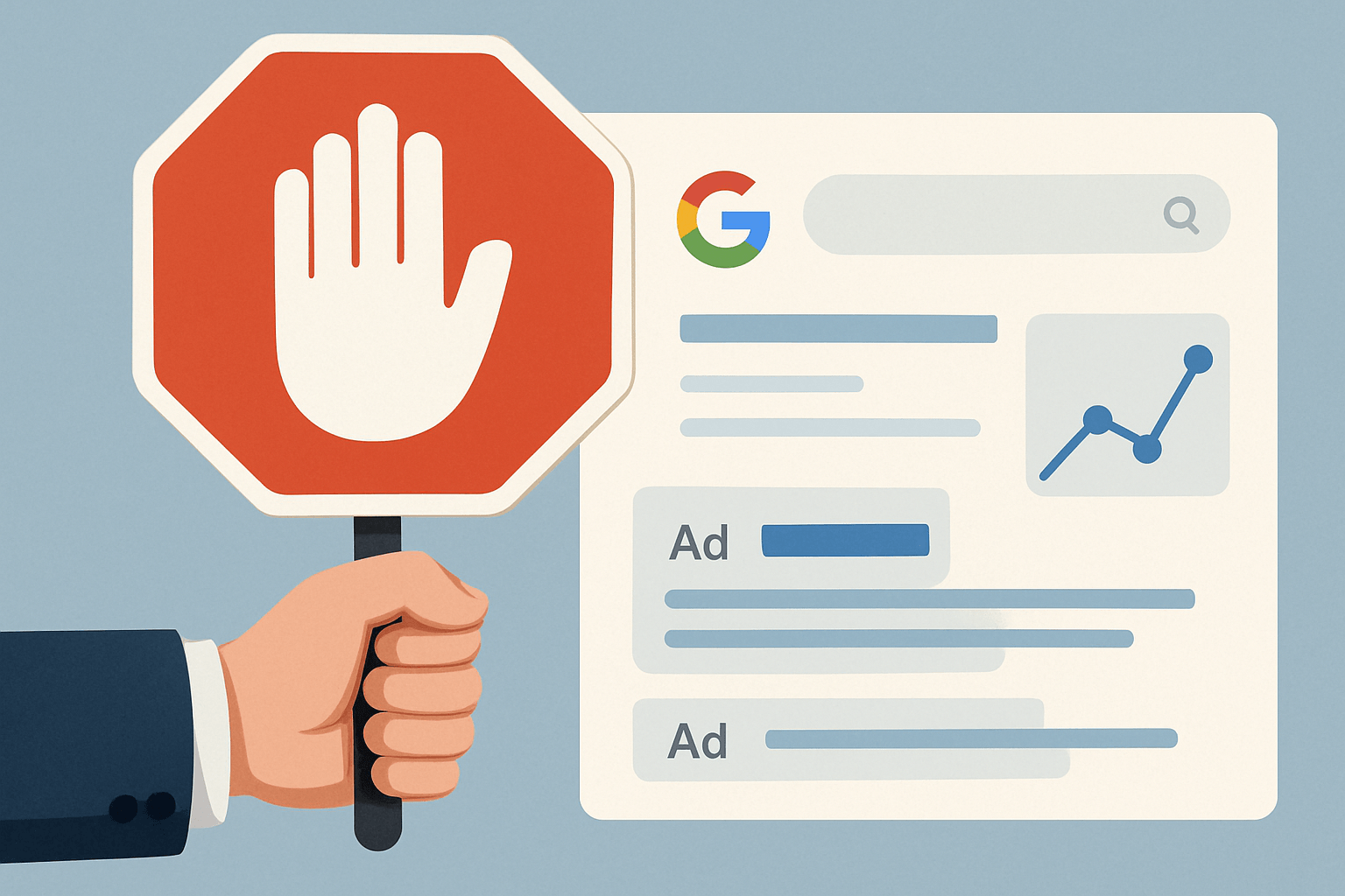 Znak stop przed stroną wyszukiwania Google z reklamami