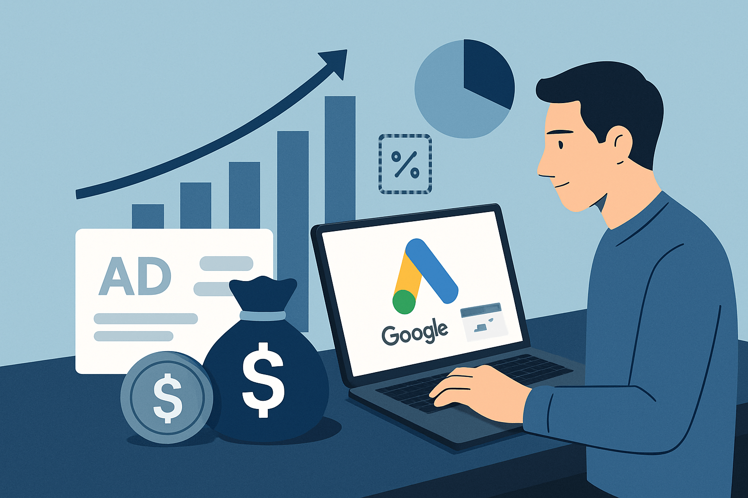 Mężczyzna analizuje kampanię Google Ads na laptopie