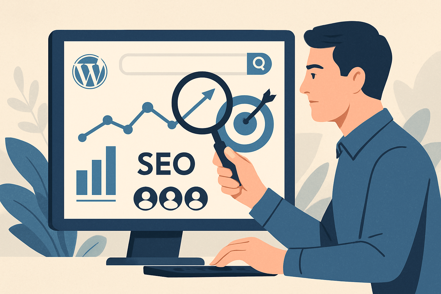Mężczyzna analizujący SEO WordPress na komputerze