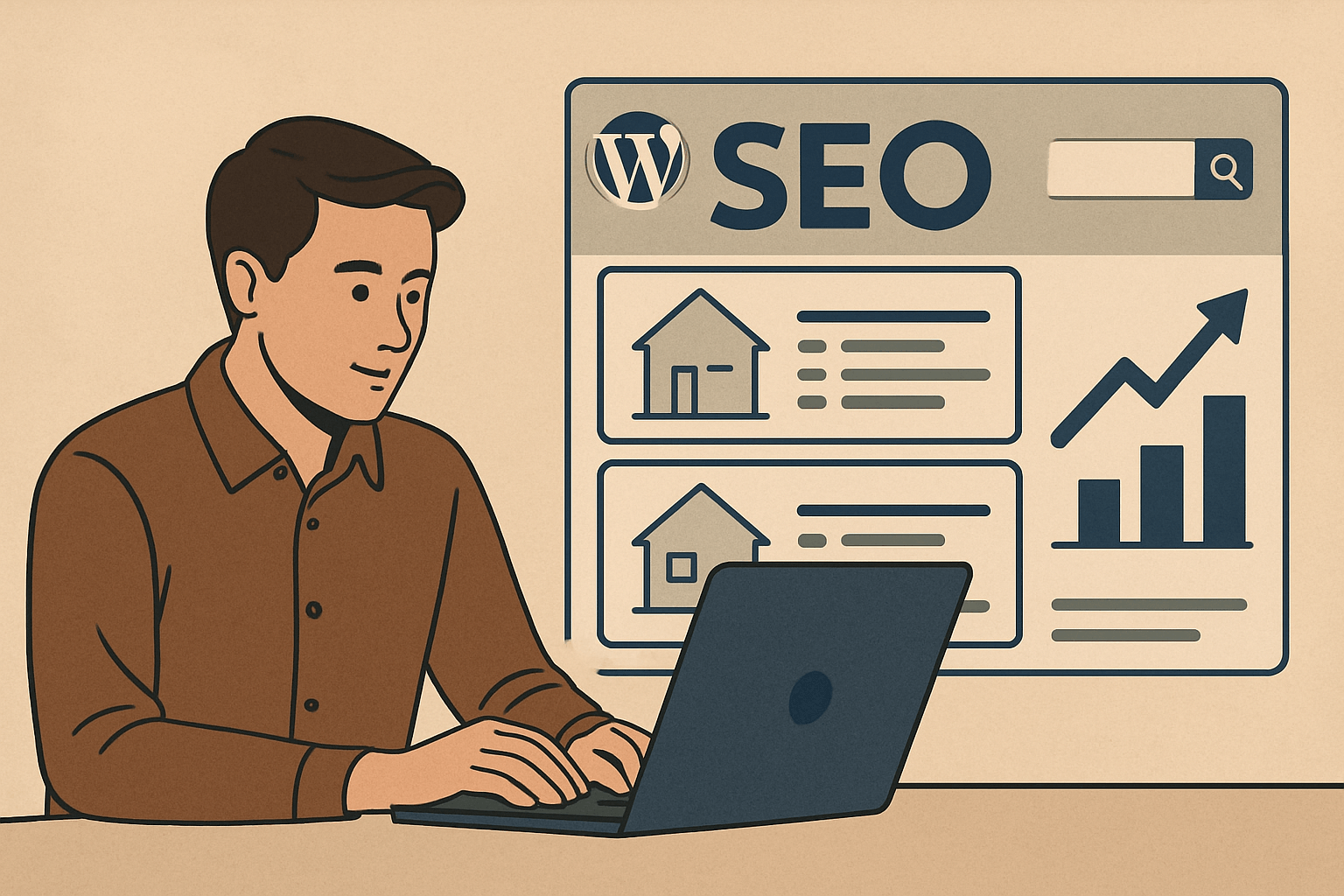 Mężczyzna pracujący nad SEO na laptopie