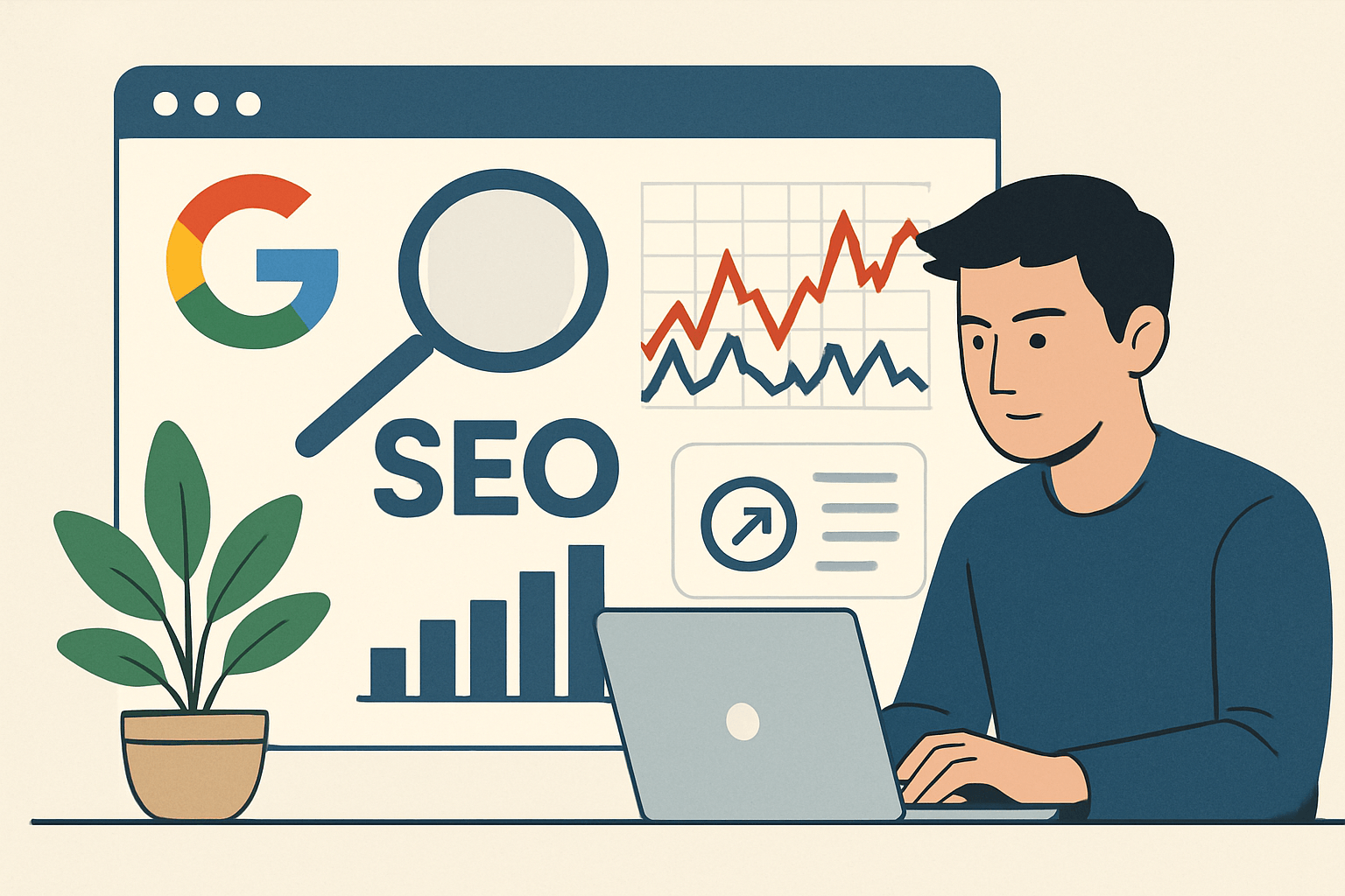 seo po aktualizacjach google: jak monitorować zmiany i reagować na wahania widoczności image Specjalista SEO analizuje wyniki Google na laptopie