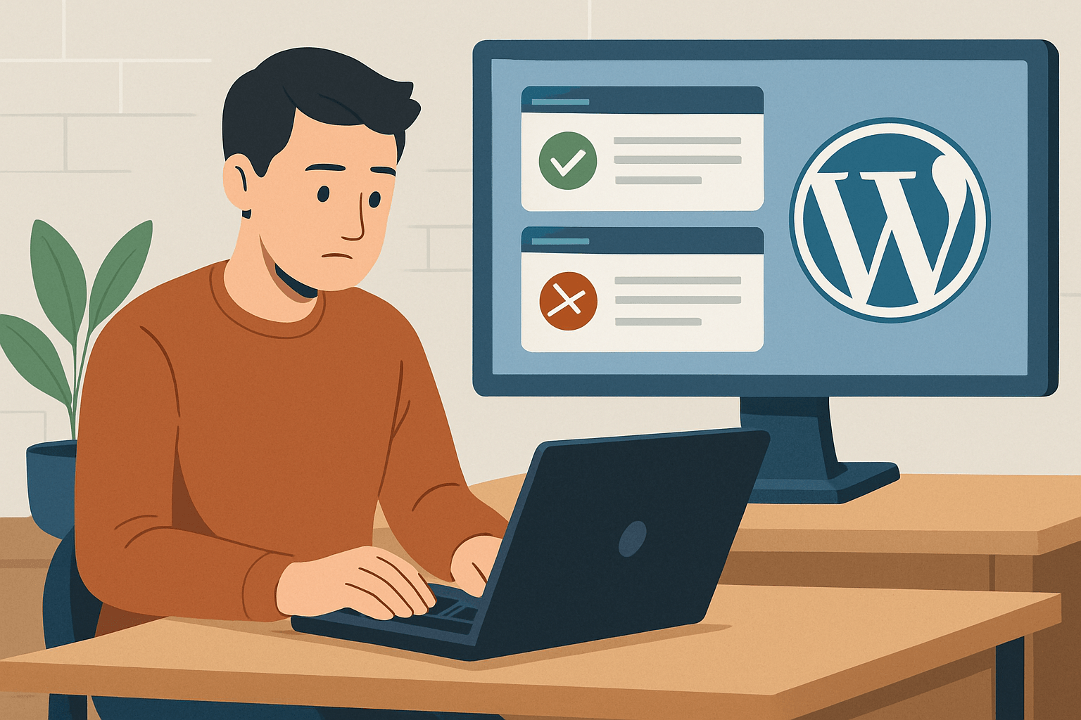 staging w wordpressie: jak bezpiecznie testować zmiany przed publikacją image Mężczyzna pracuje przy laptopie z WordPress na ekranie