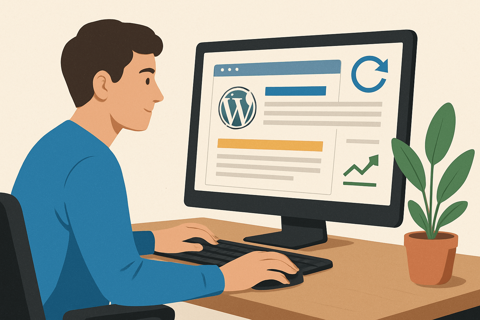 Mężczyzna pracuje przy komputerze z WordPressem