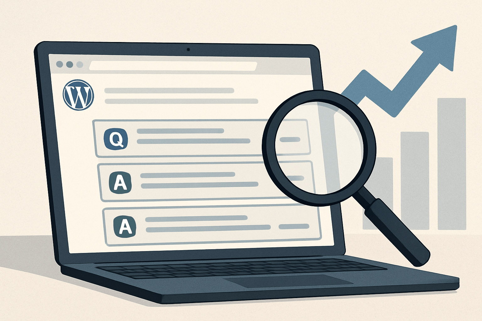 Laptop z WordPress i lupa SEO wzrost