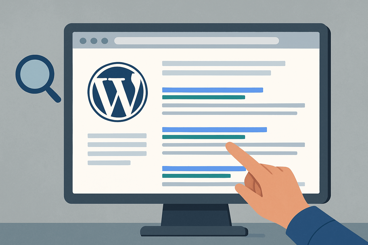 Ekran komputera z logo WordPress i wyszukiwarką