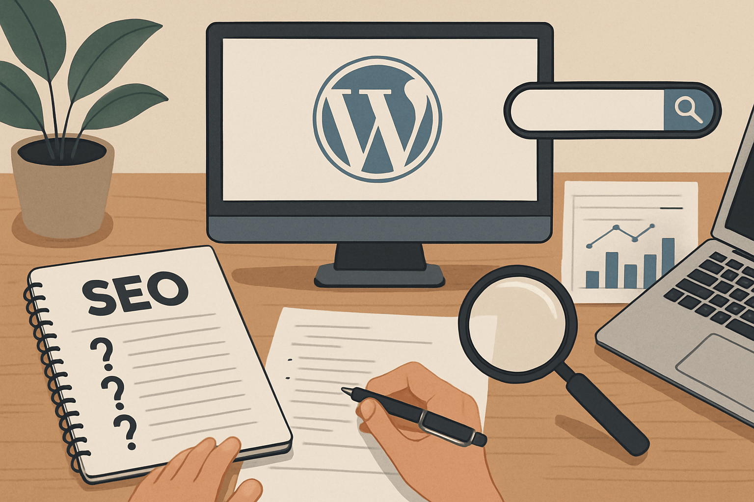 Biurko z WordPress i notatnikiem SEO