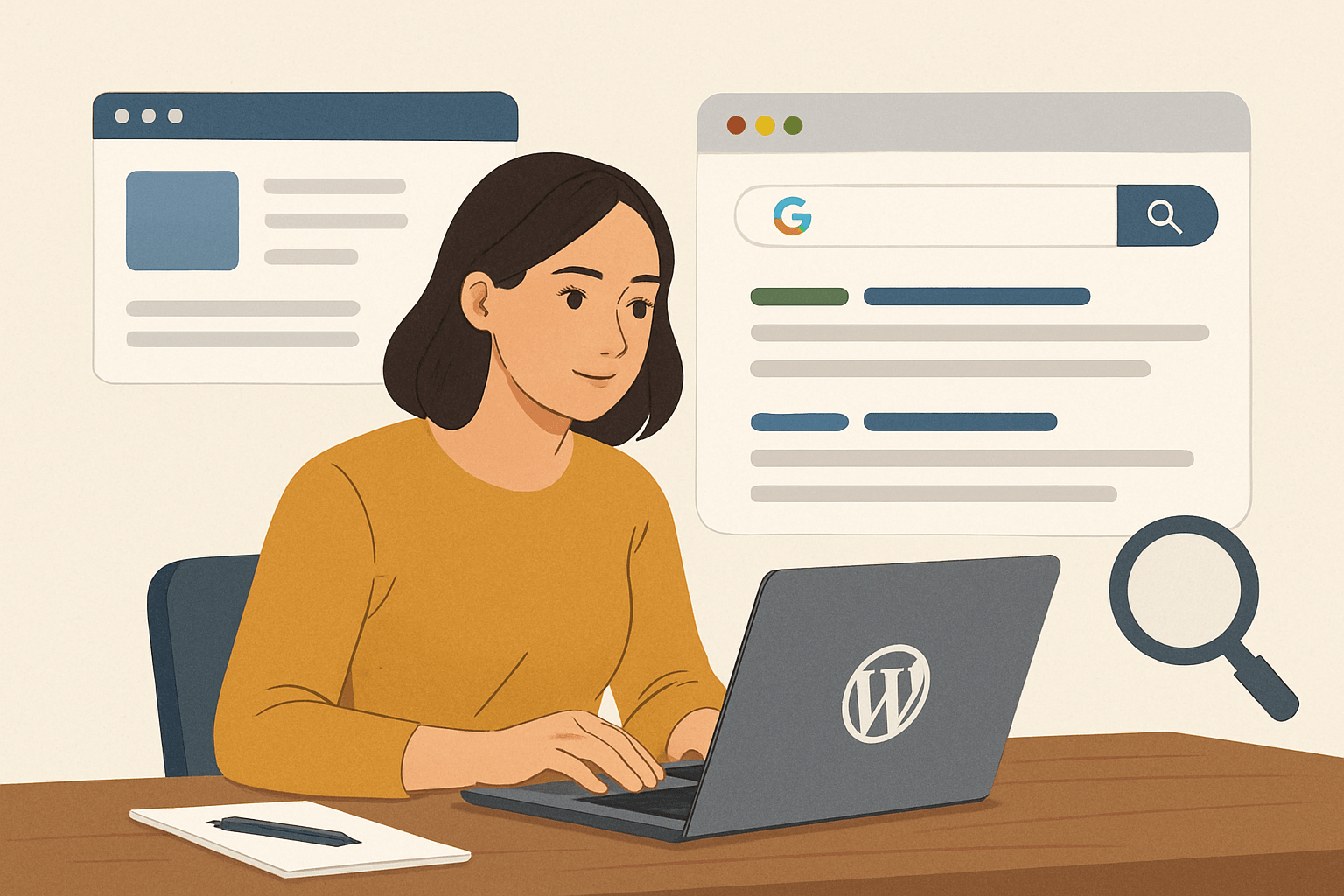 Kobieta pracuje przy laptopie z WordPress i Google