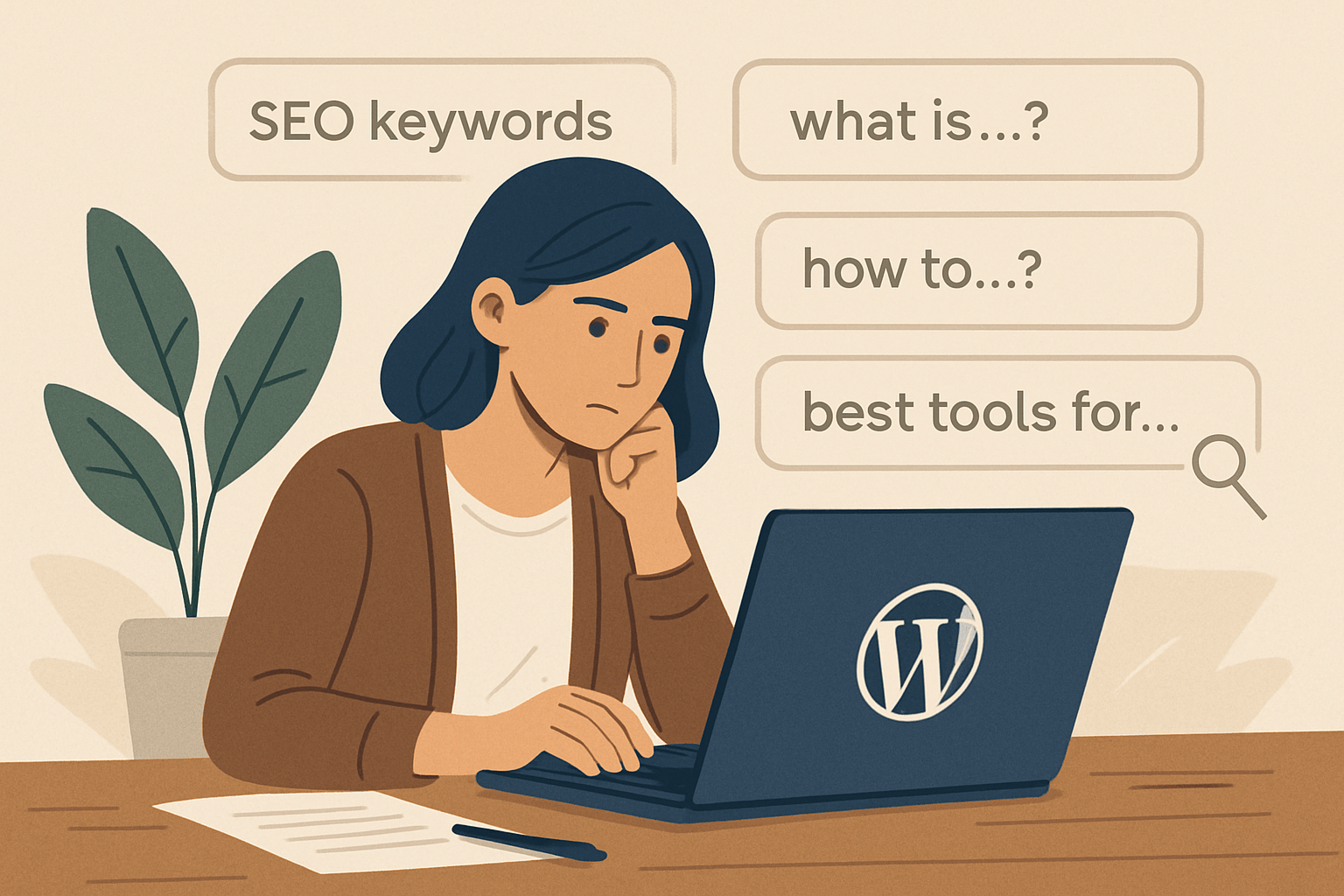 Kobieta pracuje nad SEO na laptopie WordPress
