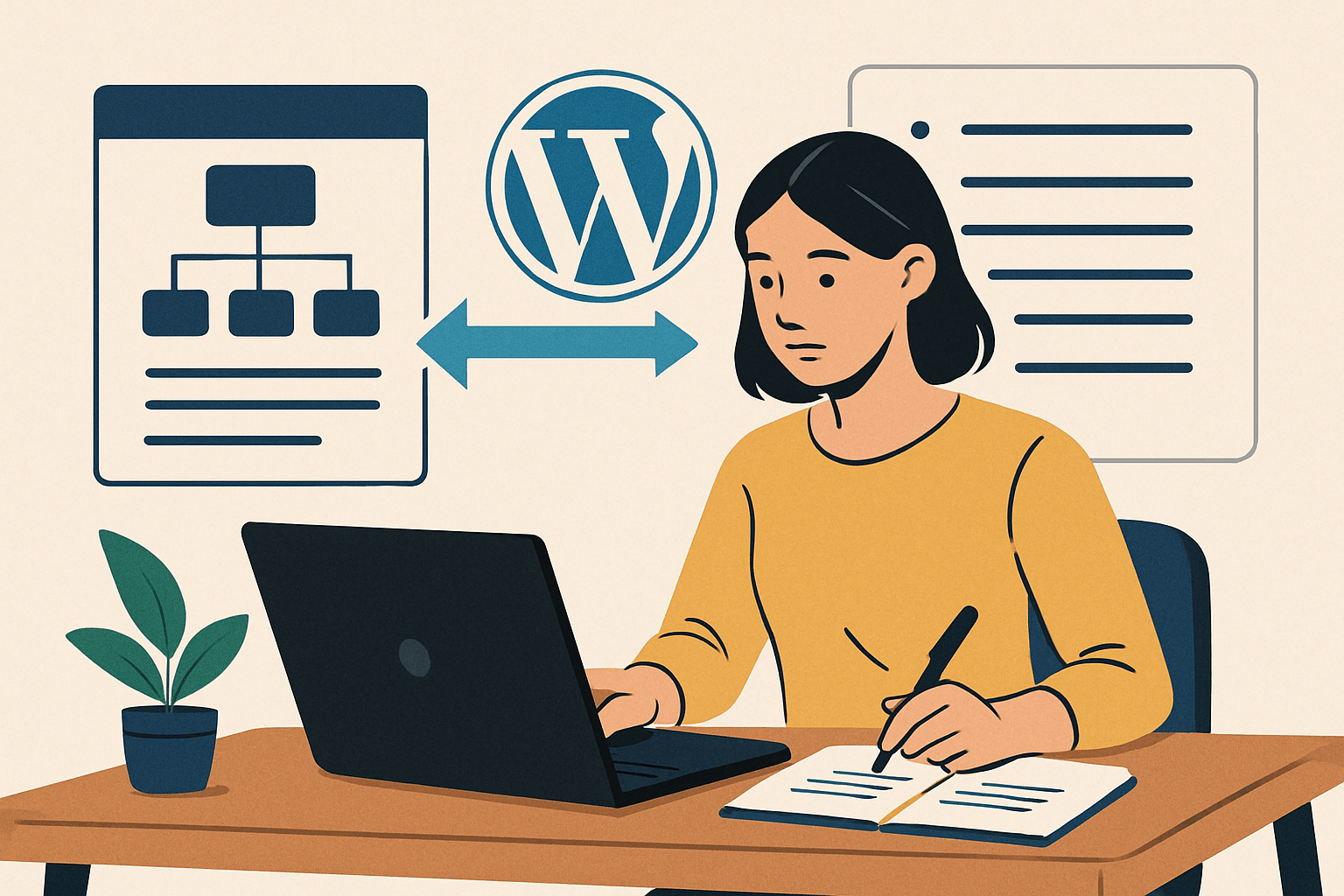 jak dokumentować procesy w wordpressie, żeby nowa osoba mogła wejść do projektu bez chaosu image Kobieta pracująca przy laptopie z logo WordPress