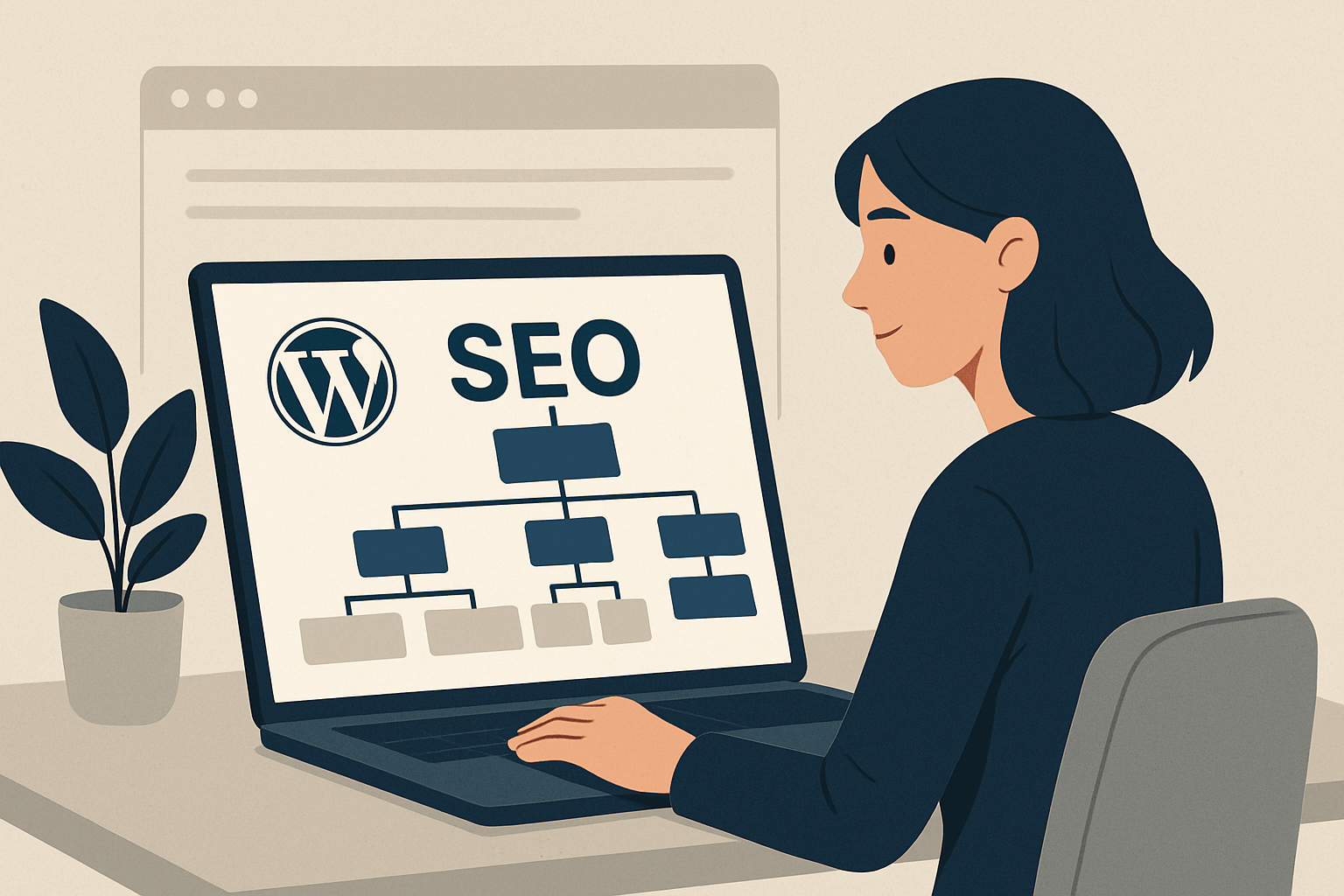 Kobieta pracuje nad SEO WordPress na laptopie