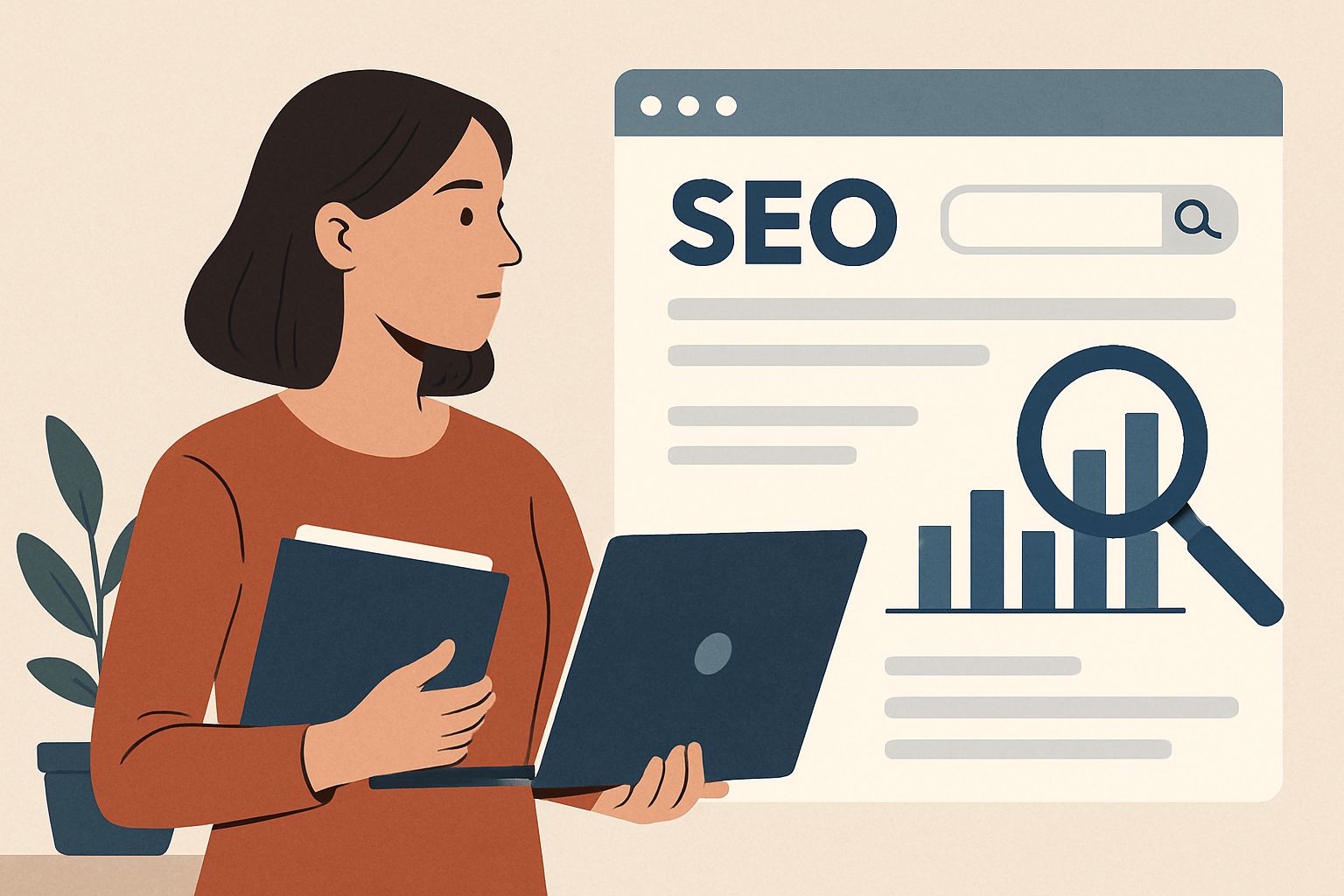 Kobieta analizuje SEO na laptopie z wykresem