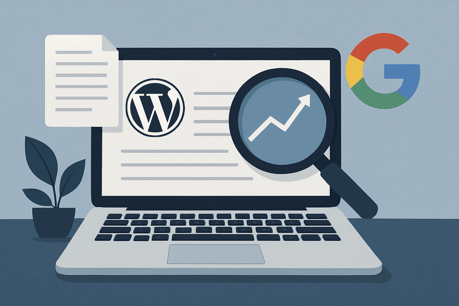 Laptop z WordPress, lupa i wykres SEO