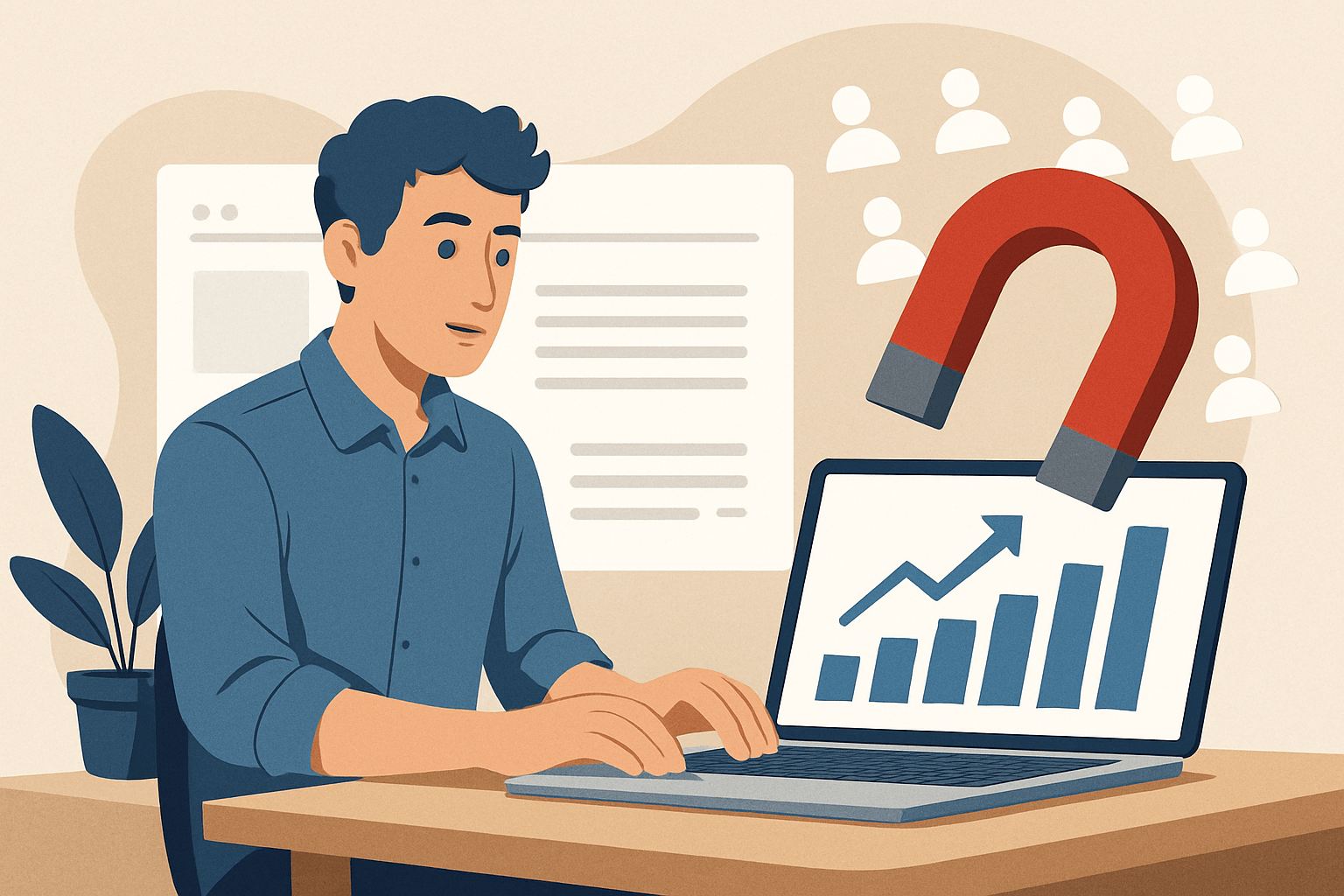 jak pisać lead magnety seo, które przyciągają ruch i budują bazę odbiorców image Mężczyzna przy laptopie z wykresem i magnesem