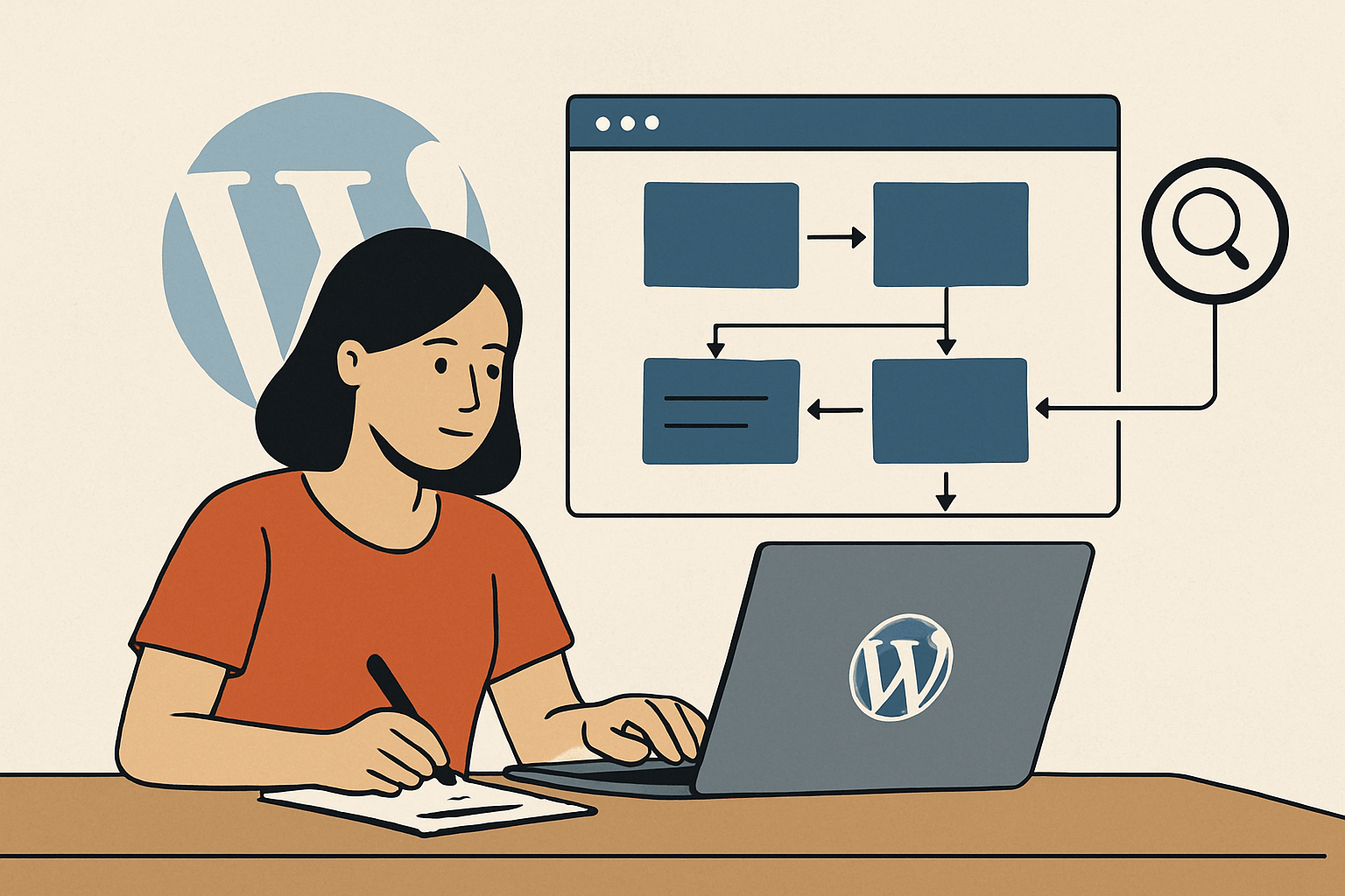 Kobieta pracująca przy laptopie z WordPress i schematem