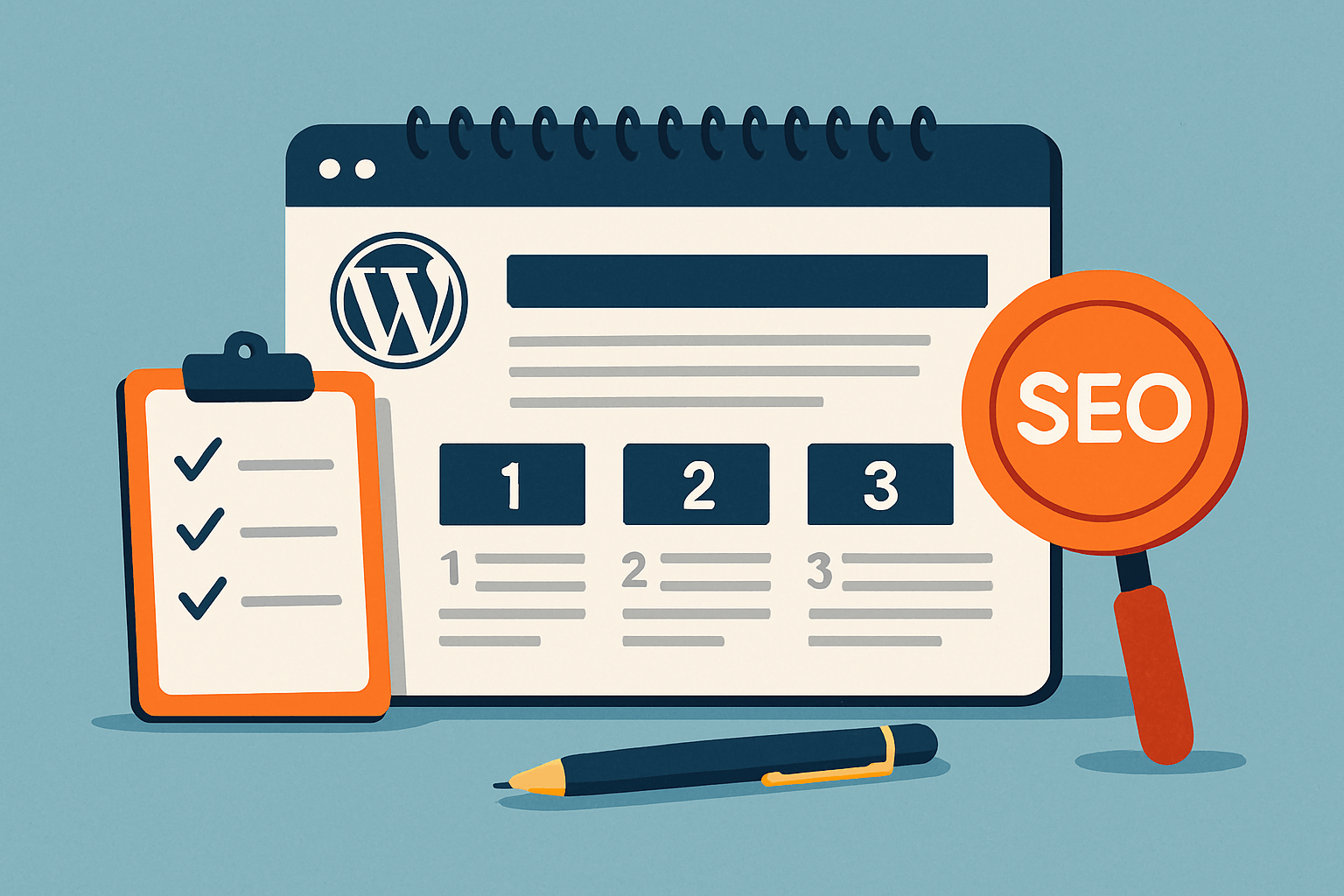 Ilustracja SEO dla strony WordPress z checklistą