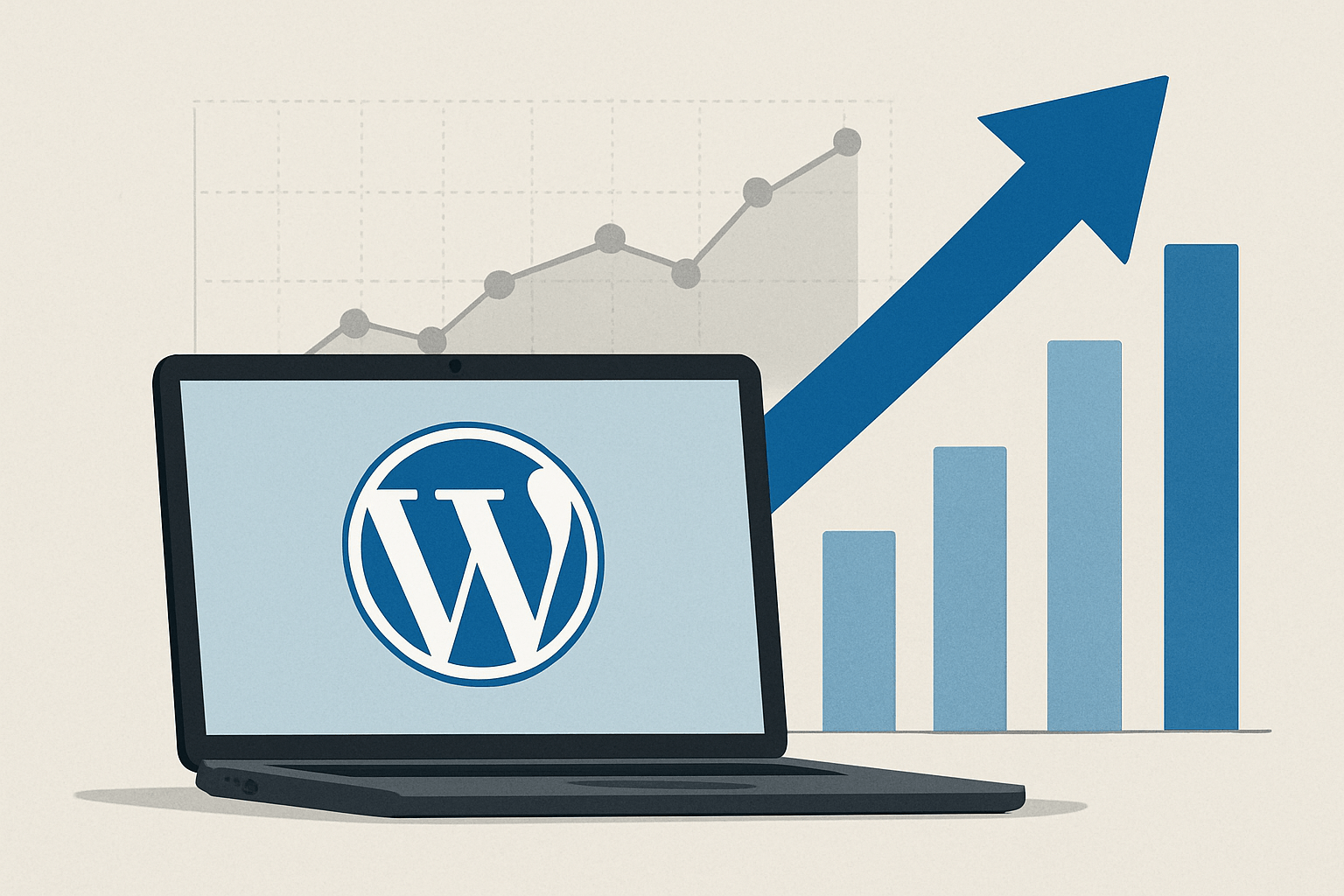 Laptop z logo WordPress i rosnący wykres