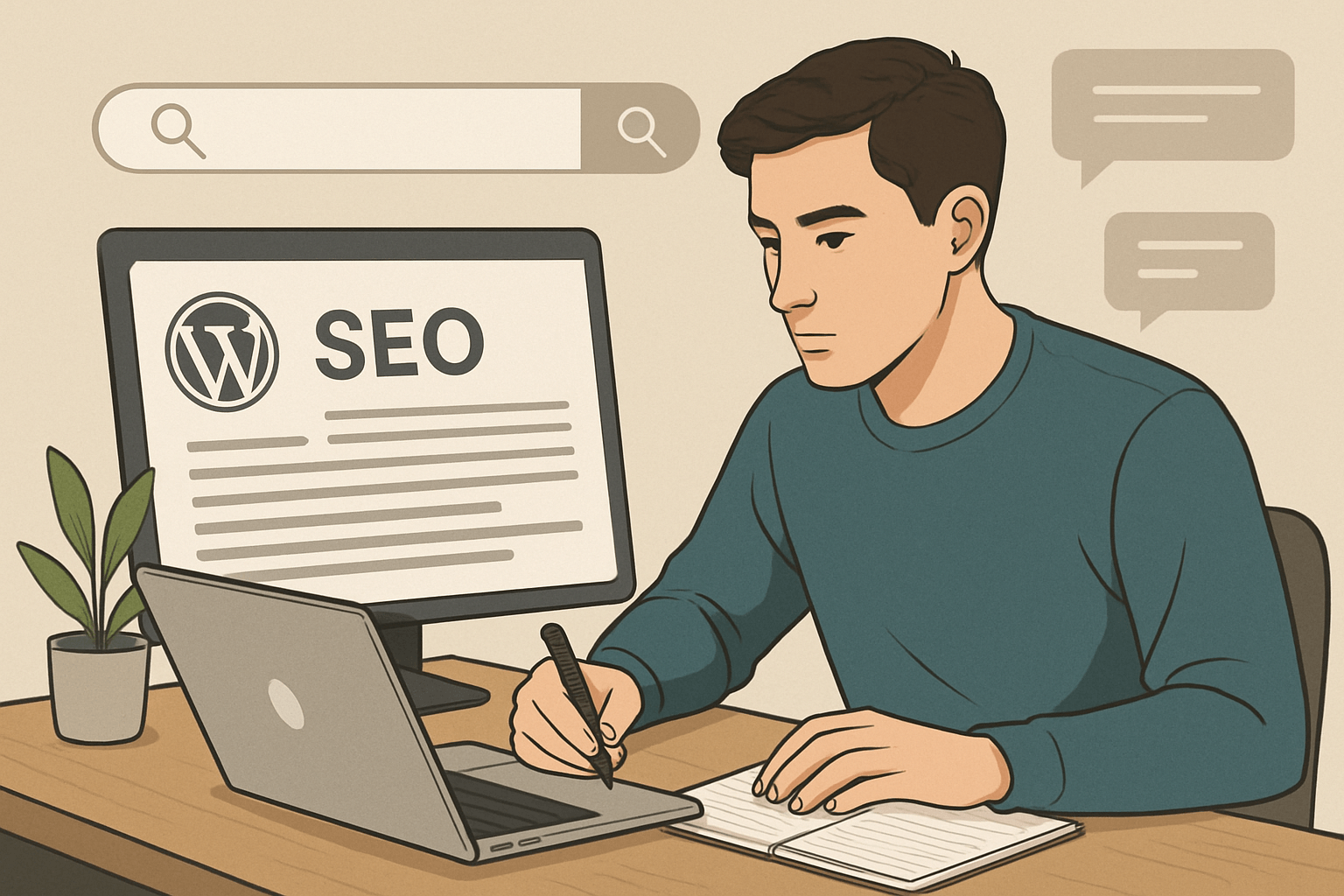 Mężczyzna pracujący nad SEO WordPress przy laptopie