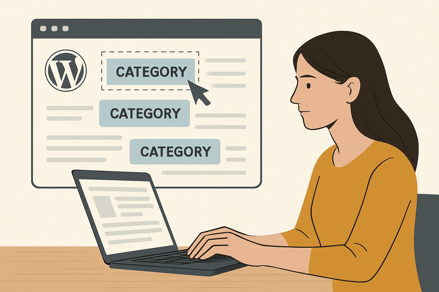 jak tworzyć opisy kategorii, które pomagają w seo i porządkują ofertę image Kobieta zarządza kategoriami w WordPress na laptopie