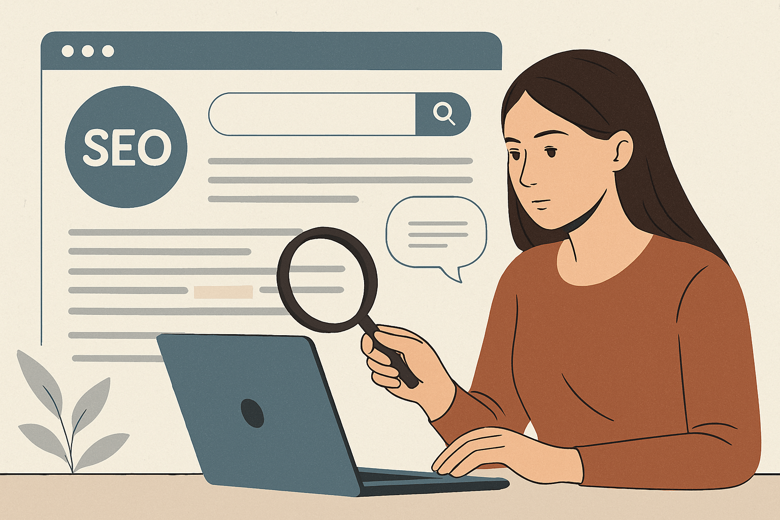 Kobieta analizująca SEO przy laptopie z lupą